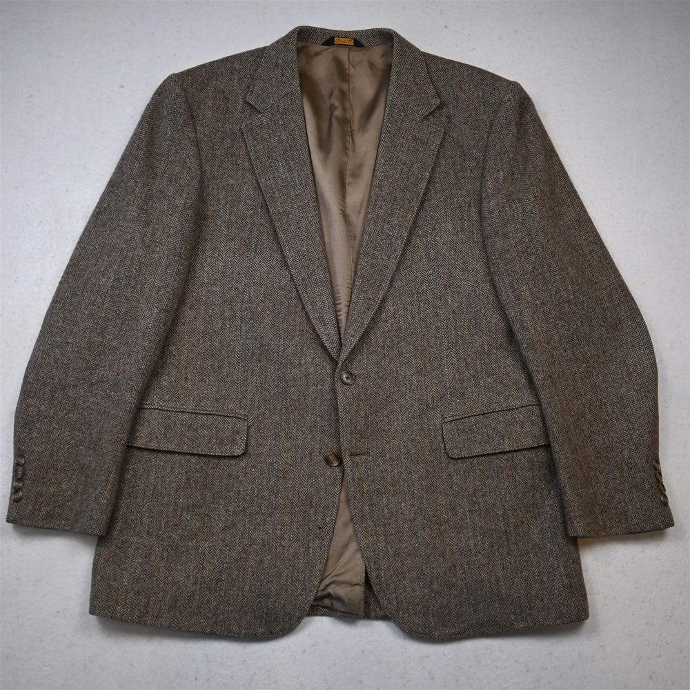 Vtg USA 44L Tan‎ Brown Herringbone Wool Tweed Mens Blazer Suit Jacket Sport Coat